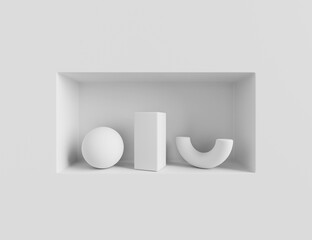 3d render white wall with niche and geometric shapes. Rectangular shelf with sphere, rectangle, half torus in gallery or studio room, elements of architectural and interior decoration. 3D illustration