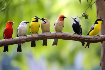 different species of birds perched on the same tree branch - Powered by Adobe
