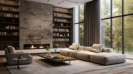  modern living room with fireplace generated by AI tool