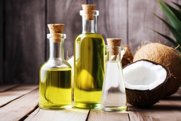 healthy oils: olive, coconut, and avocado oil bottles - obrazy, fototapety, plakaty