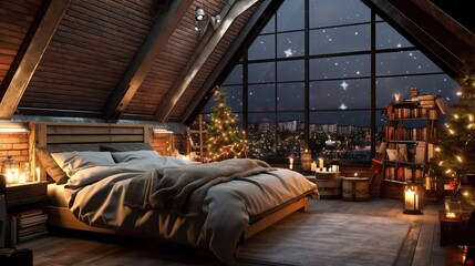 modern loft-style bedroom with slanted walls, large window and decorated Christmas tree
