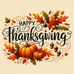 Obraz premium Happy Thanksgiving greeting card. Turkeys, cornucopias, cranberries, corn, pumpkins and beans. Copy space layout for text with the holiday theme. Traditional meal, family gathering illustration.