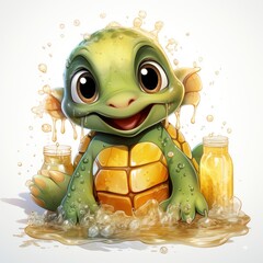 Adorable turtle sipping cool drinks, surrounded by water bubbles, in a playful digital art setting.
