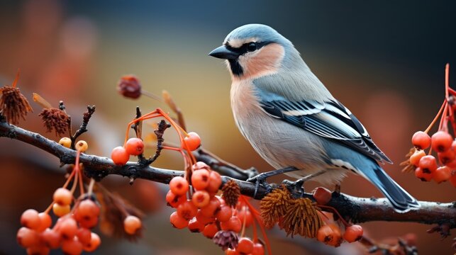 Cute bullfinch bird sits on twig with red rowa. Generative AI.