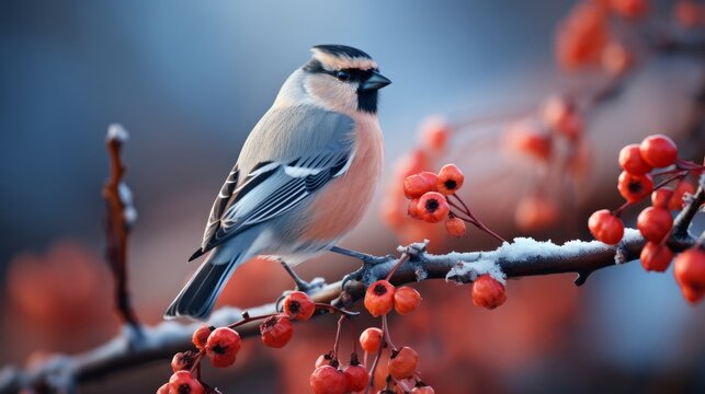Cute bullfinch bird sits on twig with red rowa. Generative AI.