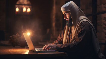 Muslim man uses laptop while sitting at table at night.
