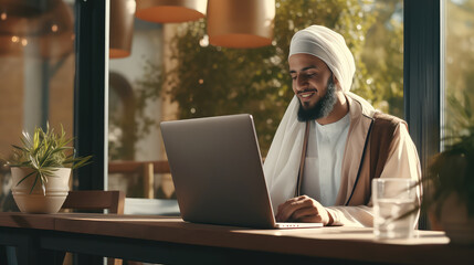 Muslim man is using a laptop while sitting in an Arabic cafe on a sunny day.