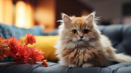 Cute cat play with bird in living room. Generative AI.