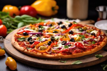 vegan pizza with bell peppers, tomatoes, olives, and vegan cheese - obrazy, fototapety, plakaty