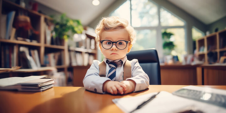 Little cute boy as a chief manager sitting in his office. Concept of professions.