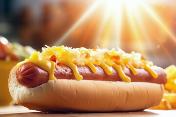 Close up of hot dog with mustard in dark restaurant in background of sun shining or bokeh light. Food concept of fast food and breakfast. - obrazy, fototapety, plakaty