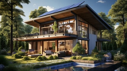 Fototapeta na wymiar Eco-friendly house with solar panels. Generative AI.