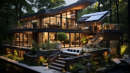 Fototapeta premium Eco-friendly house with solar panels. Generative AI.