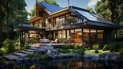 Eco-friendly house with solar panels. Generative AI.