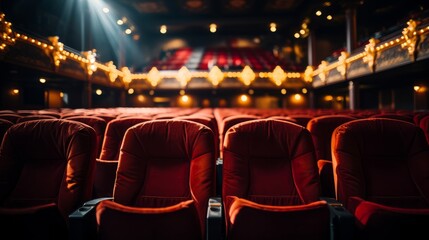 Empty chairs on cinema or theater room. Generative AI.