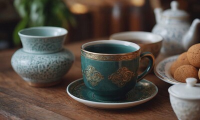Fototapeta na wymiar Ceramic dishes on a wooden table. Mug, jug, plate