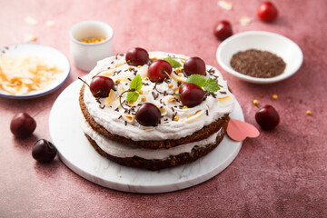 Homemade chocolate cake with coconut and cherry