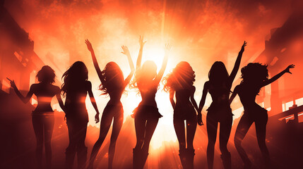 Silhouettes of sensually dancing girls, hands up, in a nightclub against the backdrop of a bright bar