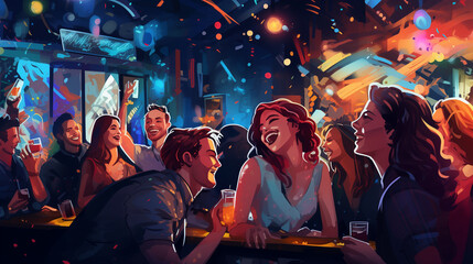 illustration of A throng of young people, both men and women, are having a good time in a bar, lit up by bright lights