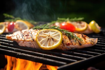 grilled fish fillet with lemon slices on a bbq