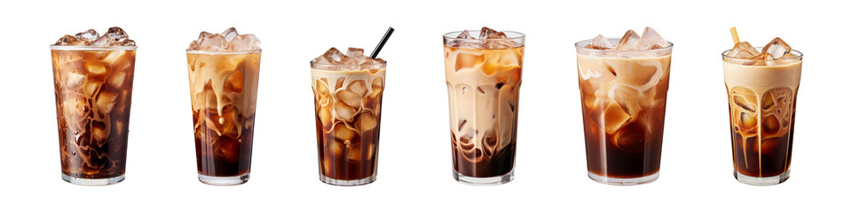 collection of a glass of iced coffee isolated on a transparent background - obrazy, fototapety, plakaty