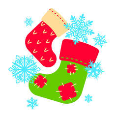 Christmas gift socks and blue snowflakes isolated on white background. Design element for holiday cards, posters, covers, packaging, textiles, seasonal decor