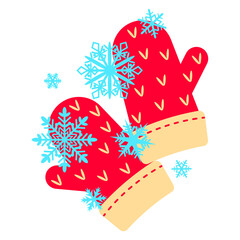 Red warm winter mittens and falling blue snowflakes isolated on a white background. Design element for greeting cards, textiles, wrapping paper, posters, seasonal decor