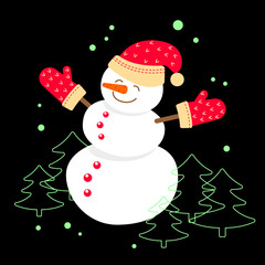Cheerful white snowman in a red hat and mittens isolated on a black background with Christmas trees. Design element for holiday cards, posters, covers, packaging, textiles, seasonal decor