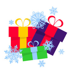 Holiday gift boxes and blue snowflakes isolated on white background. Design element for greeting cards, textiles, wrapping paper, posters, seasonal decor