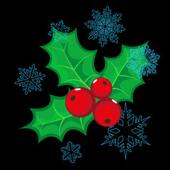Red holly berries with leaves and blue snowflakes isolated on black background. Design element for greeting cards, textiles, wrapping paper, posters, seasonal decor