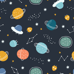 Baby seamless pattern space background with planets on a dark blue background hand drawn style cartoon design Use for print, wallpaper, decoration, textiles. Vector illustration.