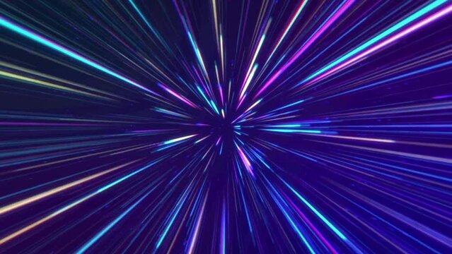 4K light burst tunnel background. Blue and purple speed of light space technology animation video