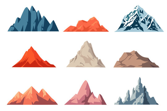 Vector set of isolated snowy mountains, mountain peak, hill, rock. Outdoor travel, adventure, tourism, climbing design elements. Flat vector illustration
