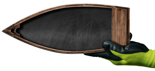 Hand with protective work gloves of a manual worker holding a small wooden boat with a blank blackboard inside with copy space. Isolated on white or transparent background, png.