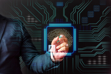 Man pointing a pen to futuristic interface network include of artificial intelligence (ai), machine deep learning, robot computer software, digital twin, blockchain, virtual technology.