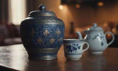 Ceramic dishes on a wooden table. Mug, jug, plate