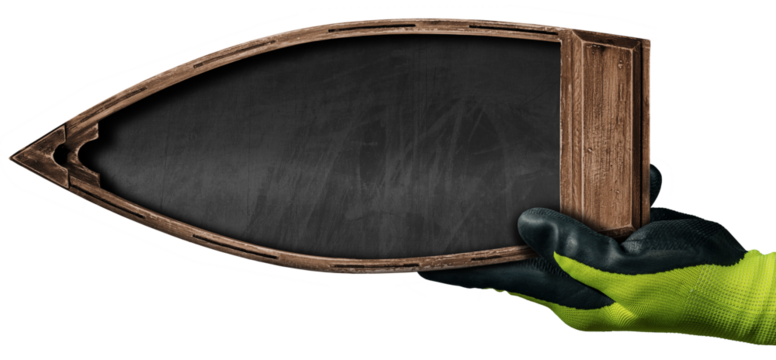 Hand with protective work gloves of a manual worker holding a small wooden boat with a blank blackboard inside with copy space. Isolated on white or transparent background, png. - Powered by Adobe