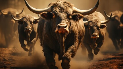 Group of bulls with horns. Generative AI. - obrazy, fototapety, plakaty