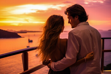 Fototapeta na wymiar A young couple watching the sunset on the sea from a cruise ship deck