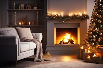 A room fully decorated for Christmas, with fireplace and a Christmas tree