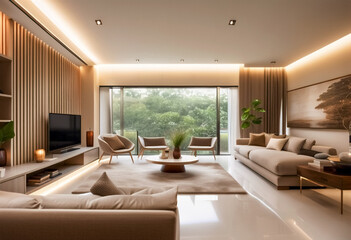 Fototapeta premium Salotto di un'abitazione moderna- Luce naturale e tonalità terrose