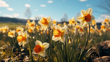 Group of yellow daffodils in spring. Generative AI.
