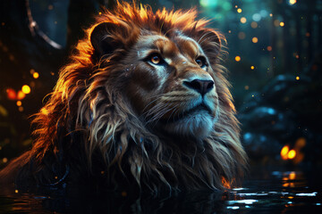 A mesmerizing Transvaal Lion emerging from a moonlit forest, the ethereal glow of the night adding an air of enchantment, Generative Ai - obrazy, fototapety, plakaty