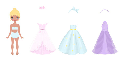 Paper doll clothes. Cutouts. Princess doll with dresses. Cute girl clothes. Fairy girl. Vector illustration