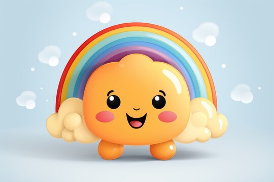 Rainbow, sun and clouds in cartoon style on a white background. Children's card, banner