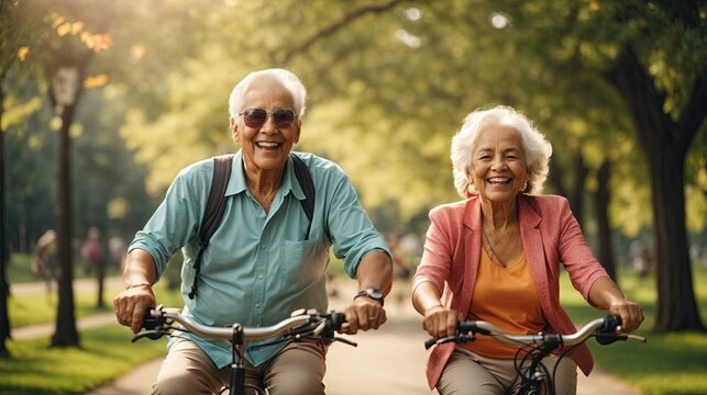 Elderly Mature couple riding bike whilst smiling in park