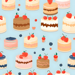 Cute cartoon cake, dessert, sweet, delicious, Happy Birth Day, vector, seamless, background pattern