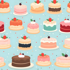 Cute cartoon cake, dessert, sweet, delicious, Happy Birth Day, vector, seamless, background pattern