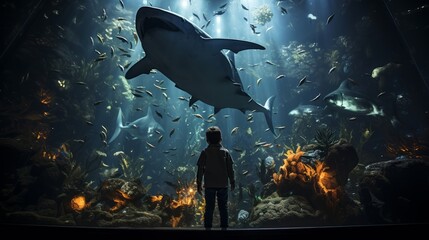 Illustration of a boy watching big shark. Generative AI. - obrazy, fototapety, plakaty