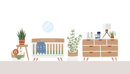 Baby bedroom with playground zone. Newborn room design with plants and skincare products. Mid-century stylish inside house plan. Nursery interior with stuffed toys hand drawn flat vector illustration